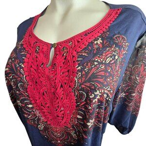 Catherines 3X 26/28W Womens Top Boho Style Keyhole Neckline Navy Red JJ4044